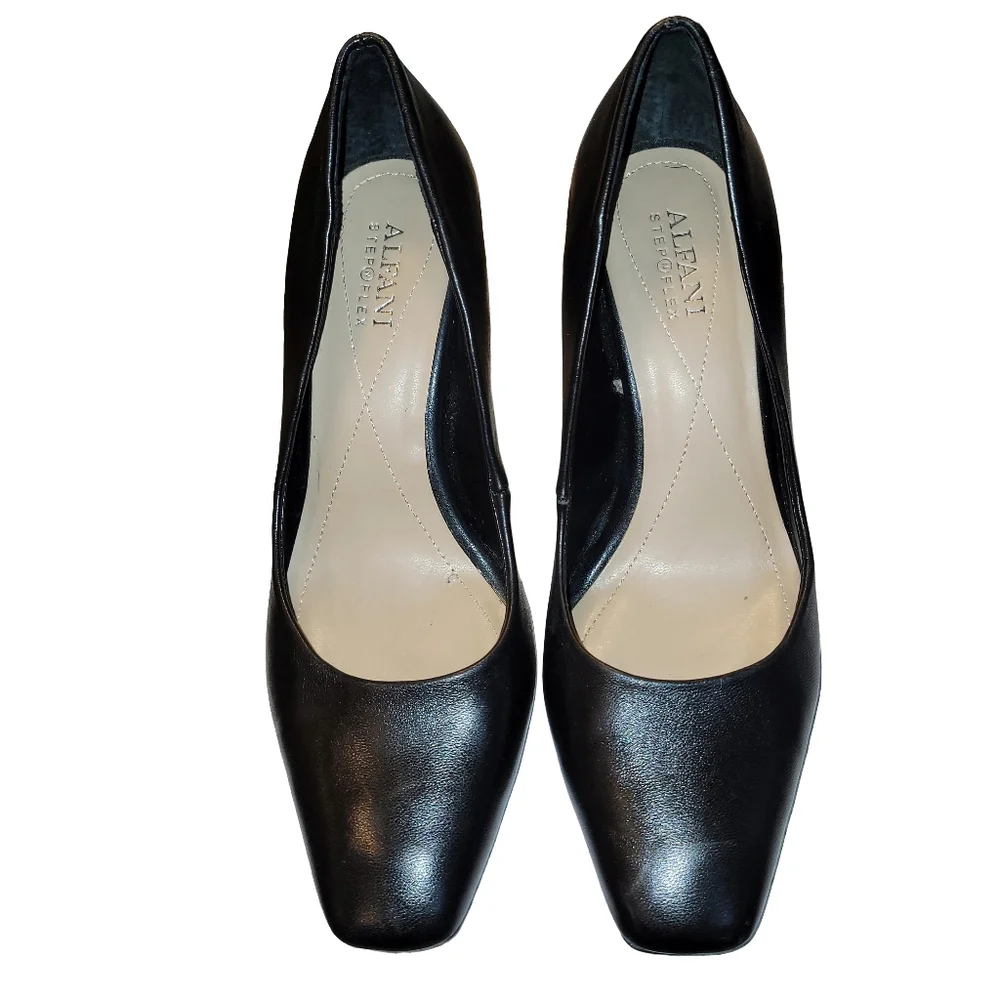 Alfani Tarah Black Leather Square Toe Pumps Step N Flex Comfort Size 8.5